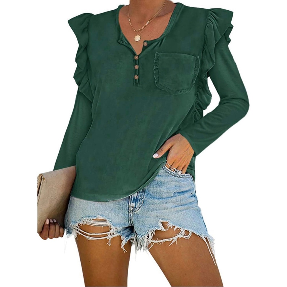 Ruffled Shoulder Flutter Pocket Top with Wooden Buttons